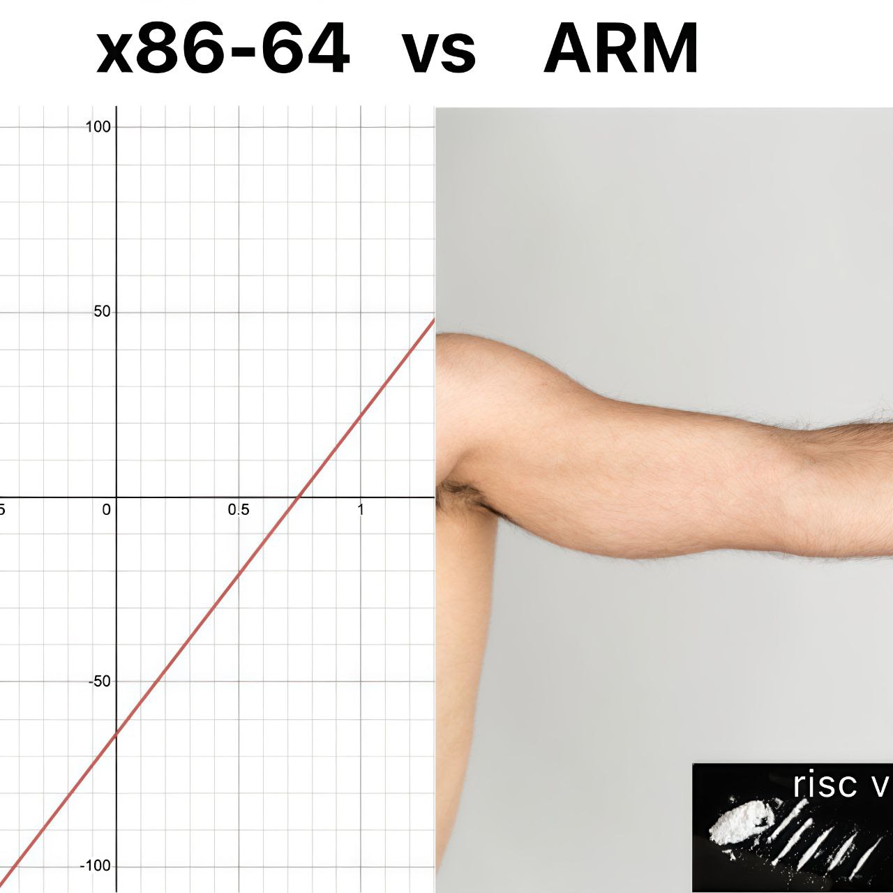 A humorous tech-themed meme comparing x86-64 and ARM processor architectures. The left side features a grid graph with a red diagonal line, likely intended to represent a performance metric. The right side displays a close-up of a human arm (a visual pun on 'ARM' as the processor architecture), emphasizing strength or superiority. In the bottom right corner, a small inset image labeled 'risc v' shows a fish skeleton, creating a pun on 'RISC-V' (a processor architecture) by visually associating it with 'fish' (possibly referencing the sound similarity or skeleton imagery). The meme uses visual wordplay to humorously contrast different processor architectures.