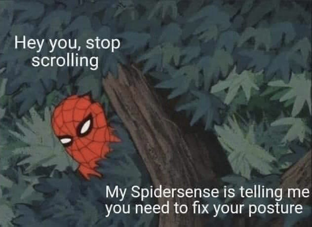 This meme uses a screenshot from the 1967 classic Spider-Man animated series, depicting Spider-Man peeking out from behind a tree trunk against a background of dark green foliage. Overlaid text at the top says 'Hey you, stop scrolling', while text at the bottom reads 'My Spidersense is telling me you need to fix your posture'. It functions as a lighthearted, friendly reminder for people scrolling through social media to correct their sitting posture to avoid physical strain.