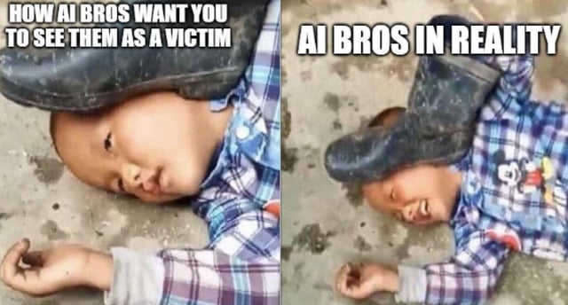 This is a two-panel comparison meme. The left panel shows a young boy lying on concrete ground with a boot pressed against the side of his face, looking somber and distressed, with the caption "HOW AI BROS WANT YOU TO SEE THEM AS A VICTIM". The right panel shows the same boy in the exact same position, laughing happily while the boot remains on his face, with the caption "AI BROS IN REALITY". The meme satirizes people who advocate for unregulated AI art (colloquially called "AI bros") who frame themselves as being persecuted or unfairly attacked by traditional artists, when in reality they benefit significantly from AI art tools that scrape original artists' work without consent or compensation, and are not actually being harmed as they claim.