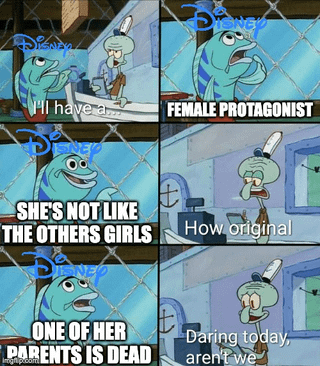 This is a 6-panel meme using the popular SpongeBob SquarePants Krusty Krab order template, satirizing Disney's repetitive, formulaic writing for female lead characters. The fish customer representing Disney first orders a female protagonist, adds the clichéd traits of being 'not like other girls' and having one dead parent, while Squidward working the counter responds with increasing sarcasm, first saying 'How original' then snarking 'Daring today, aren't we'. The original post title 'Hexed: In theaters soon' adds an extra joke, framing this formulaic trope-heavy story as an actual upcoming Disney film release.