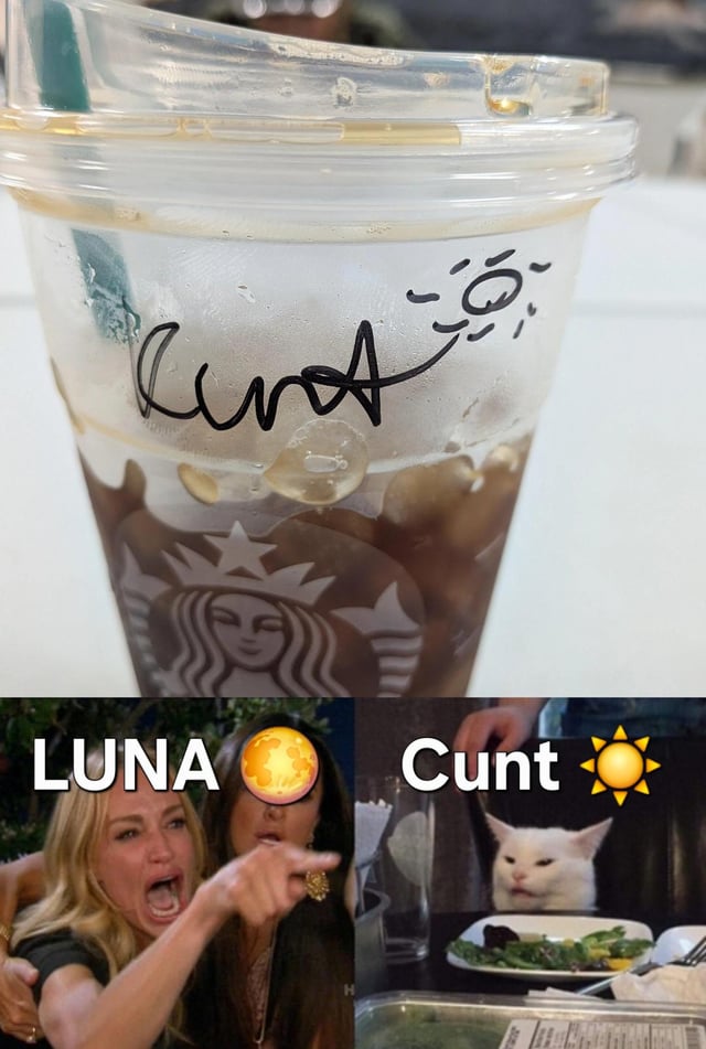 This meme jokes about the ambiguity of messy cursive handwriting. The top section shows a photo of a Starbucks iced beverage cup where the barista wrote the name 'Luna' in cursive, which can easily be misread as the vulgar English slur 'Cunt'. Below the cup photo is the popular 'Woman Yelling at a Cat' meme format: the left panel shows an angry yelling woman labeled 'LUNA' with a moon emoji, representing the intended reading of the cursive text, while the right panel shows a confused unimpressed cat at a dinner table labeled 'Cunt' with a sun emoji, representing the accidental vulgar misreading, illustrating the 'duality' of the same handwritten text referenced in the title.