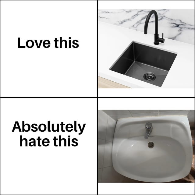 A 2x2 grid meme comparing two sinks. The top-left quadrant contains the text 'Love this' in bold black font, paired with a top-right image of a spacious, modern stainless steel sink featuring a sleek black faucet mounted on a marble countertop, providing ample space for handwashing. The bottom-left quadrant displays the text 'Absolutely hate this' in bold black font, alongside a bottom-right image of a small, cramped white porcelain sink with a basic faucet, mounted on tiled walls, appearing too small to comfortably wash hands. The meme humorously contrasts the preference for spacious vs. cramped sinks, highlighting the frustration with insufficient handwashing space.