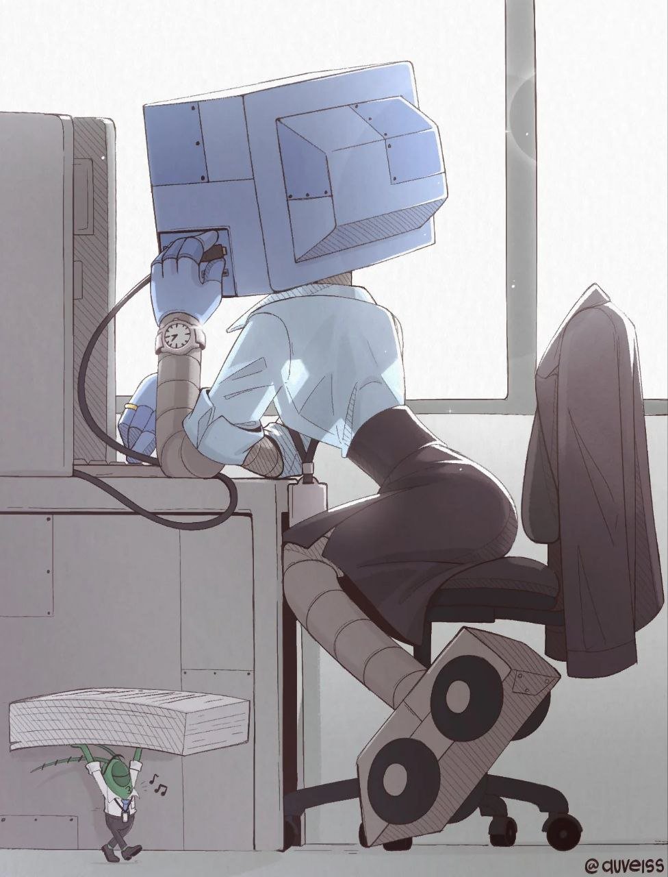 An illustration depicting a humanoid figure with a computer monitor for a head, wearing a light blue shirt and dark skirt, sitting at an office desk. The figure has mechanical arms and legs, with a wristwatch on the left arm, and is typing on another computer. To the right of the desk, a jacket is draped over the back of a rolling chair. At the bottom left corner, a small green character with antennae is carrying a rectangular box. The scene is brightly lit with natural light coming through a window in the background, creating a whimsical and surreal office environment. A watermark '@duverss' is present in the bottom right corner.