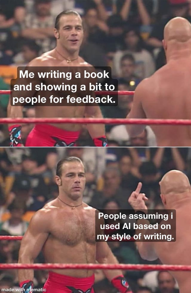 A two-panel meme utilizing screenshots from a professional wrestling match. The top panel shows a shirtless wrestler in red trunks facing a bald wrestler (back to camera), with overlaid text: "Me writing a book and showing a bit to people for feedback." The bottom panel features the same wrestlers, with the bald wrestler pointing a finger, accompanied by text: "People assuming i used AI based on my style of writing." The meme humorously conveys frustration at being accused of using AI when sharing original writing for feedback.