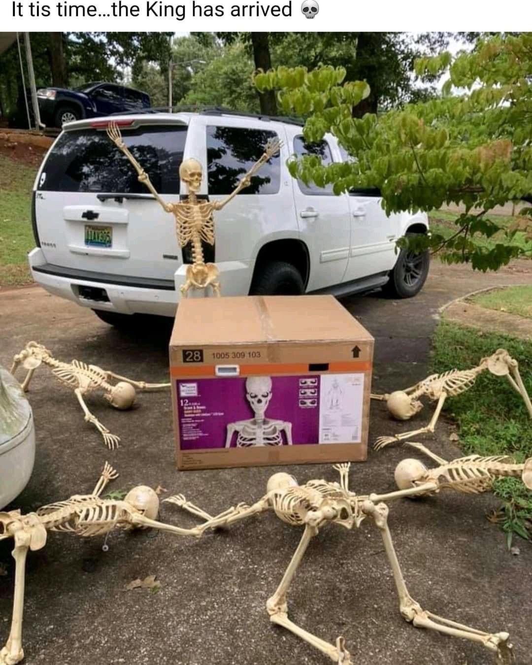 This humorous Halloween-themed meme shows a staged scene on a residential driveway: a white Chevrolet SUV is parked at the top of the frame, with a small plastic skeleton standing at its rear with both arms raised triumphantly. In front of the SUV sits an unopened cardboard box for a 12-foot tall oversized skeleton Halloween decoration. Five more small plastic skeletons are posed on the ground around the box, lying flat as if bowing or prostrating themselves in reverence to the new large skeleton. A caption at the top reads 'It tis time...the King has arrived' next to a skull emoji, framing the popular oversized Halloween decor item as a royal figure being greeted by its smaller skeleton subjects.