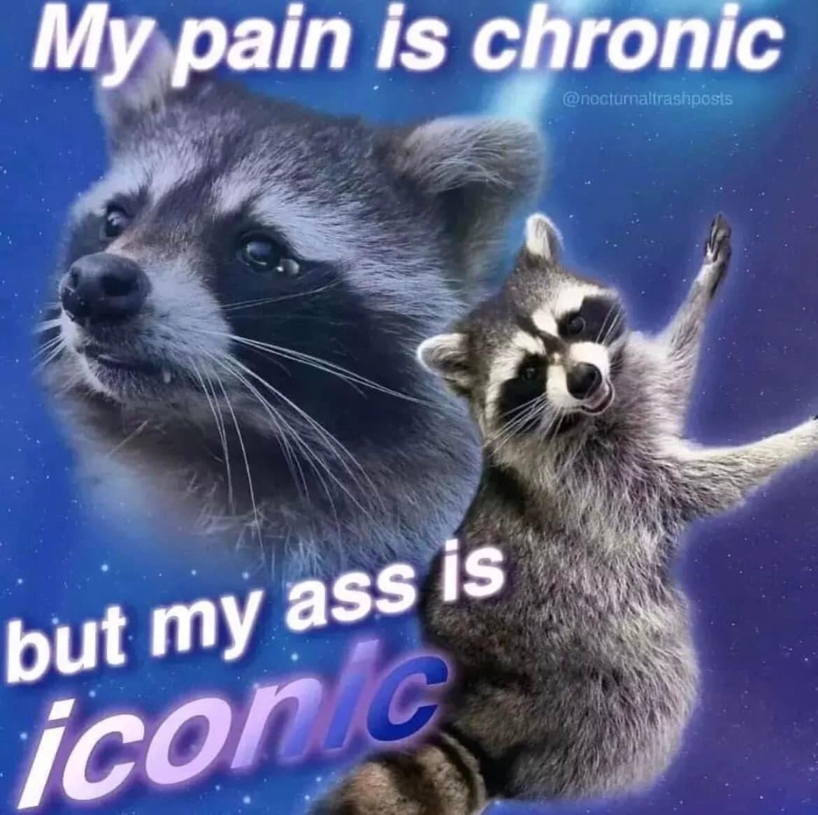 The meme is set against a dreamy, sparkly dark blue and purple starry outer space background. Two raccoon images are edited onto the background: a large, semi-transparent raccoon on the left has a tired, weary, glum expression, looking off to the side as if weighed down by exhaustion. A smaller, fully opaque raccoon on the right stands upright on its hind legs, with both front paws outstretched in a triumphant, celebratory, sassy pose, grinning directly at the viewer. Large white text at the top reads 'My pain is chronic', and text below reads 'but my ass is iconic', with the word 'iconic' rendered in a glowing purple to blue gradient font. The meme delivers humorous, relatable commentary about coping with ongoing hardship, chronic pain, or mental health struggles while still maintaining a confident, unapologetic, charismatic personality.