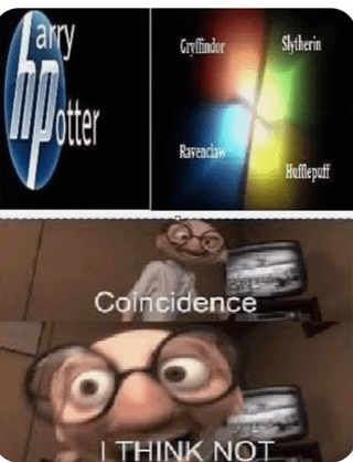 This is a two-panel collage meme. The top panel displays two key Harry Potter franchise elements: the official Harry Potter logo (with stylized blue 'hp' and white 'arry potter' text) alongside a color block graphic labeling the four Hogwarts houses with their respective colors: Gryffindor (red), Slytherin (green), Ravenclaw (blue), and Hufflepuff (yellow). The bottom panel uses the iconic reaction meme template from Pixar's *Up*, featuring the character Carl Fredricksen in two frames: first, looking surprised with the text 'Coincidence' above him, then leaning forward with wide, shocked eyes and the text 'I THINK NOT' below. The meme humorously frames the similarity between the blue 'hp' in the logo and Ravenclaw's house color as an intentional, non-coincidental choice, using the reaction template to exaggerate the 'conspiracy' of this branding detail.