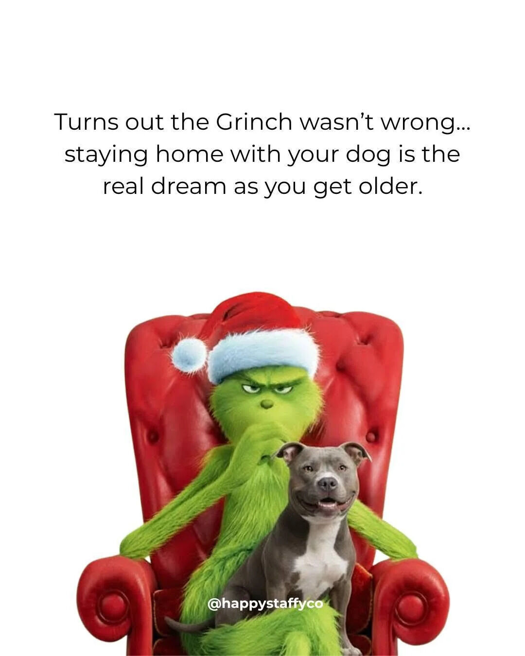 A wholesome meme featuring the Grinch from 'How the Grinch Stole Christmas' sitting in a red armchair wearing a Santa hat, with a happy pit bull dog sitting beside him. Above the image is text that reads: 'Turns out the Grinch wasn't wrong... staying home with your dog is the real dream as you get older.' The meme humorously recontextualizes the Grinch's traditional preference for isolation as a relatable, positive desire to stay home with pets in adulthood. A watermark '@happystaffyco' appears at the bottom.