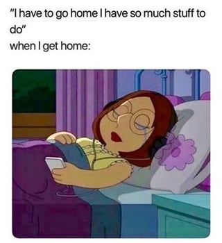 This relatable meme contrasts planned productivity with actual post-arrival behavior at home. The top text first states the common pre-arrival thought: 'I have to go home I have so much stuff to do', followed by the line 'when I get home:'. Below the text is a screenshot of Meg Griffin from the animated show *Family Guy* lying tired and half-asleep on a bed holding a smartphone, making no move to complete planned tasks. The joke highlights the widely relatable gap between intended productivity after getting home, and actual exhaustion that leads people to lounge around instead, especially on weekends.