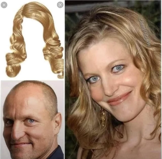 This meme is a three-panel collage designed to create a humorous visual illusion:
1. Top-left: A blonde curly hairpiece with a central gap.
2. Bottom-left: A portrait of actor Woody Harrelson, balding on top, with a neutral slight smile, facing the camera.
3. Right: A portrait of actress Anna Gunn with similar blonde curly hair, smiling at the camera.

The joke lies in the uncanny resemblance between the combined image of Woody Harrelson and the hairpiece, and Anna Gunn's actual portrait. Once viewers notice the similarity, it becomes hard to "unsee" it, as referenced in the original post title.