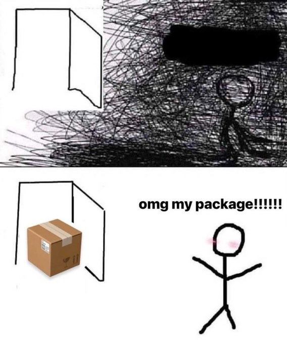 This is a two-panel relatable meme. The upper panel depicts a crudely drawn stick figure standing against a heavily scribbled, chaotic dark background next to a simple line drawing of an open doorway, conveying the anxiety and impatience of waiting for a delivery. The lower panel shows a brown cardboard package now sitting in the doorway, the background is plain white, the stick figure has glowing pink eyes and outstretched arms, paired with the text 'omg my package!!!!!!' to express overwhelming excitement at the delivery finally arriving.