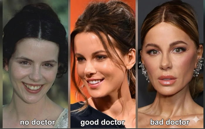 A three-panel meme featuring three women with distinct appearances, each labeled at the bottom: left 'no doctor', middle 'good doctor', right 'bad doctor'. The leftmost woman has a natural, minimal makeup look with a genuine smile and simple hairstyle. The middle woman appears polished with subtle makeup, styled hair, and a warm smile. The rightmost woman has heavy makeup, large decorative earrings, and a posed expression, suggesting an overdone or artificial appearance. The meme humorously contrasts perceptions of 'good' vs 'bad' doctors based on superficial presentation, satirizing judgments of professionalism through appearance.