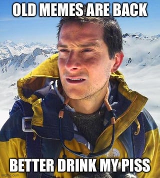 A meme featuring Bear Grylls, a real-life survival expert, standing in a snowy mountain landscape. He is wearing a yellow and blue jacket with a backpack, and has a serious, focused expression. The image includes two text overlays: 'OLD MEMES ARE BACK' at the top and 'BETTER DRINK MY PISS' at the bottom, referencing a classic quote associated with Bear Grylls from his survival shows. The meme humorously combines nostalgia for old memes with the iconic, often parodied advice from Grylls, creating an ironic and funny commentary on the resurgence of classic meme formats.