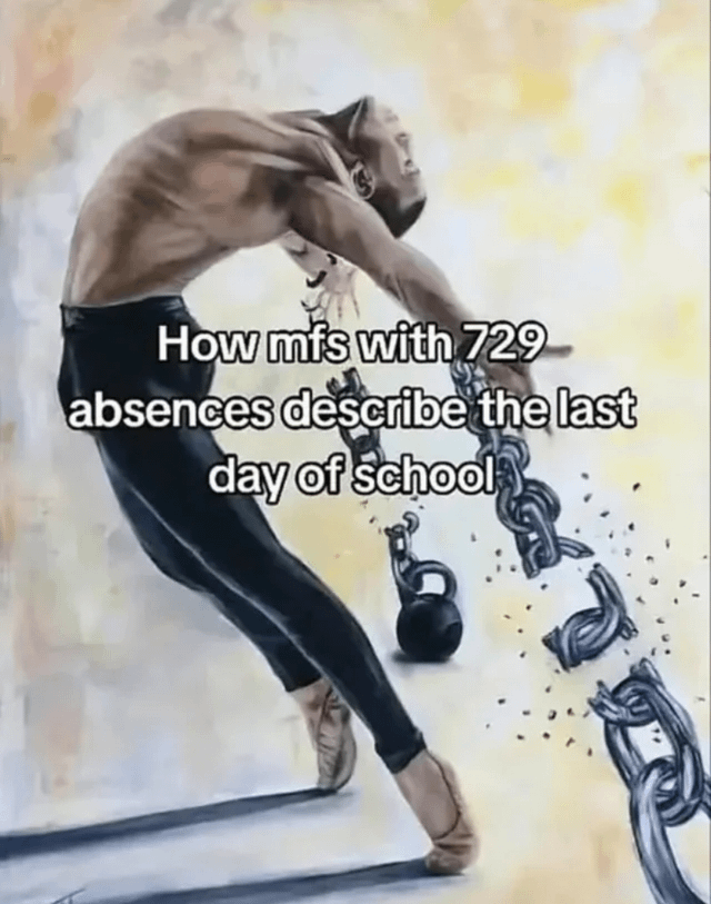 An image featuring a muscular individual in mid-action, breaking a heavy metal chain with a kettlebell. The person is depicted with a focused expression, wearing black pants and athletic shoes, set against a soft, abstract background with yellow and white hues. Overlaid text reads 'How mfs with 729 absences describe the last day of school', humorously exaggerating the feeling of liberation students with an extremely high number of absences might experience on the last day of school, comparing it to breaking free from restrictive chains.