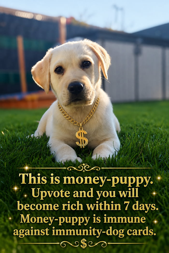This meme shows a cute pale yellow Labrador retriever puppy lying on green grass in a sunlit backyard, with a blurred trampoline and fence in the background. The puppy wears a gold chain necklace with a large US dollar sign pendant. Below the puppy, golden decorative text with sparkles reads: 'This is money-puppy. Upvote and you will become rich within 7 days. Money-puppy is immune against immunity-dog cards.' It follows the common 'upvote for good luck' meme format, and humorously claims the money puppy cannot be negated by 'immunity dog' memes that are usually posted to cancel the effect of luck-based engagement bait memes.