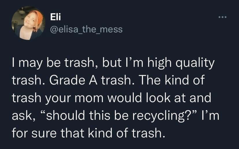This image is a dark mode screenshot of a public X (formerly Twitter) post. It displays the profile of user Eli (@elisa_the_mess), including their profile photo of a smiling woman with orange hair, alongside a humorous self-deprecating tweet. The joke leans into playful self-criticism, framing even perceived low personal value as being of surprisingly good quality that could be mistaken for recyclable material instead of regular trash.