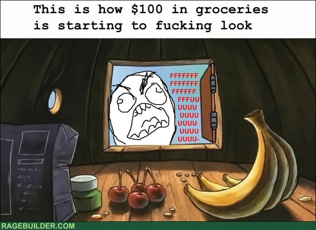 This meme critiques rising grocery costs and declining purchasing power due to inflation. The top text reads 'This is how $100 in groceries is starting to fucking look'. The visual shows a small wooden table holding only a tiny bunch of bananas, four cherries, one small jar, and a single grocery bag, representing the entirety of groceries that $100 can buy in the current economy. Through the window behind the table, the classic enraged FFFUUU rage comic face appears next to repeated red text spelling out frustrated 'FFFFFUUUU' exclamations to emphasize anger at rising cost of living.