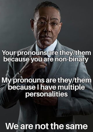 This is a text-over-image reaction meme featuring a still of actor Giancarlo Esposito portraying his famous character Gus Fring from the Breaking Bad television franchise, shown adjusting his tie with a signature stern, smug expression. The overlaid text delivers a pun contrasting two separate contexts for using they/them pronouns: the first standard use case for non-binary gender identity, and the second a comedic fictional reason of having multiple distinct personalities, ending with the iconic punchline of this popular meme format: "We are not the same". The meme's title references the common joke excuse of blaming misdeeds on an alternate personality, tying to the multiple personalities joke in the text.