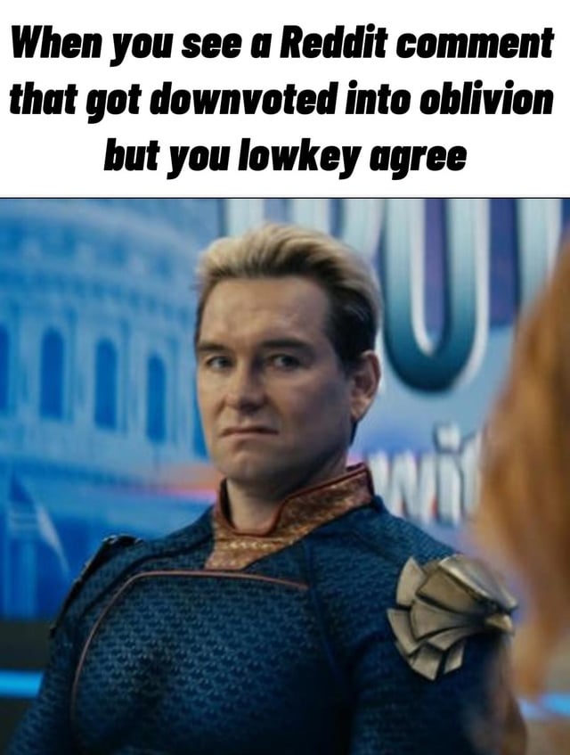 This is a single-panel reaction meme. The top section features bold black text on a white background that reads 'When you see a Reddit comment that got downvoted into oblivion but you lowkey agree'. Below the text is a popular screenshot of the character Homelander from the live-action TV series *The Boys*, who displays a tense, conflicted, awkward expression as if he is holding back from admitting he agrees with a widely unpopular take, perfectly matching the relatable social media scenario described in the text.