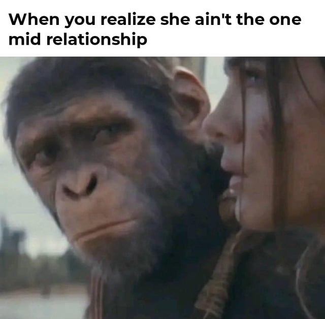 The meme features a screenshot from the *Planet of the Apes* movie series, showcasing the CGI ape character Caesar with a neutral, slightly contemplative expression. He is positioned close to a human character, who appears to be speaking or leaning in toward him. The top text overlay reads, 'When you realize she ain't the one mid relationship,' humorously using Caesar's serious demeanor to represent the moment of sudden clarity or realization in a romantic relationship where one recognizes their partner isn't 'the one.'