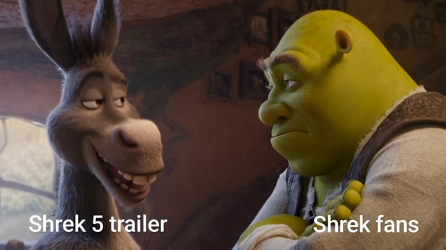 This is a reaction meme using a still from the DreamWorks Shrek animated film franchise. On the left, the character Donkey has a smug, grinning expression and is labeled "Shrek 5 trailer". On the right, the titular character Shrek looks at Donkey with an unimpressed, weary, annoyed expression, with his arms crossed, and is labeled "Shrek fans". The joke satirizes the skeptical, underwhelmed reaction of long-time Shrek fans to the release of the Shrek 5 trailer, as many fans worry new sequels will not live up to the quality of the original beloved films.