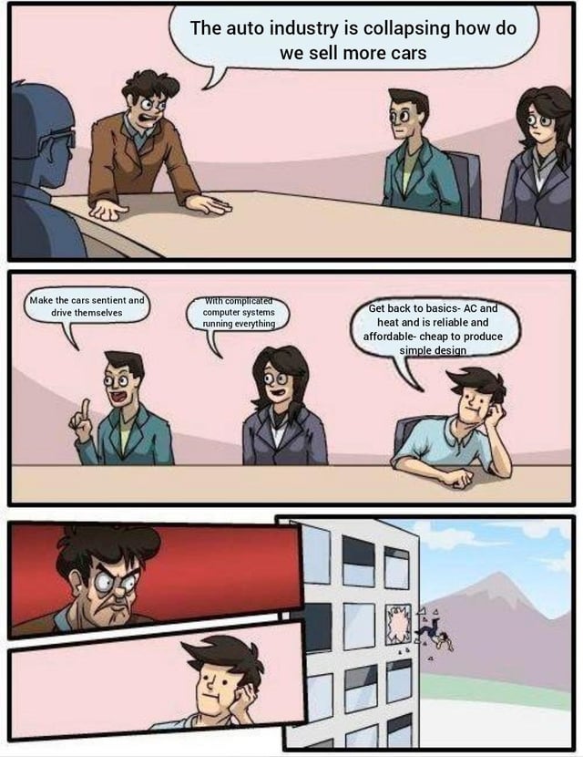 This 3-panel comic meme satirizes modern trends in the global automobile industry. In the first panel, a frustrated auto executive opens a boardroom meeting asking how to sell more cars amid an industry collapse. In the second panel, three attendees offer solutions: the first suggests building sentient self-driving cars, the second suggests adding complicated all-controlling computer systems, and the third attendee casually suggests returning to basics: making simple, reliable, affordable cars with just core features like AC and heating, with cheap-to-produce simple designs. In the third panel, the executive becomes enraged by the common-sense suggestion, and the person who proposed simple cars is thrown out of a high-rise office window. The joke highlights widespread consumer frustration that modern automakers prioritize expensive unnecessary complex tech that drives up prices over making the affordable, reliable basic cars many buyers actually want, with the original title 'Car go, car stop' emphasizing that cars only need to fulfill their basic function of moving and stopping.