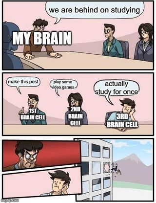 This is a 3-panel comic meme personifying the human brain as a corporate boardroom meeting. In the first panel, the meeting lead under the text overlay 'MY BRAIN' informs other attendees that they are behind on studying. The second panel shows the attendees are labeled as three brain cells: the first suggests making a social media post, the second suggests playing video games, and the third suggests actually studying for once. In the final panel, the meeting leader becomes extremely angry and throws the third brain cell (who proposed studying) out of a high-rise office window, humorously illustrating how people often prioritize procrastination over necessary tasks even when they are fully aware they are falling behind on their responsibilities.