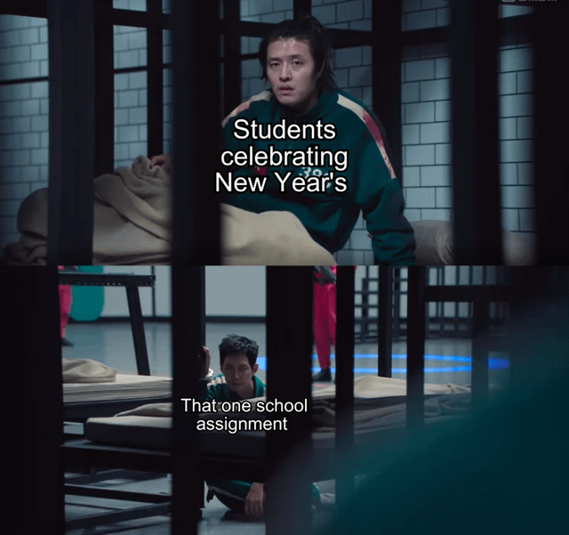 A two-panel meme composed of screenshots from a live-action visual work. The top panel shows a student in a green jacket leaning over a bed with a concerned expression, accompanied by the text 'Students celebrating New Year's.' The bottom panel depicts another student crouching nervously under a bed, labeled 'That one school assignment.' The meme humorously contrasts the joy of New Year's celebrations with the sudden reminder of unfinished schoolwork, highlighting a relatable student experience.
