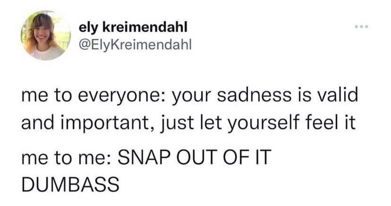 This is a screenshot of a public X (formerly Twitter) post from user Ely Kreimendahl. The tweet lays out a common relatable behavioral double standard: when other people express sadness, the poster is kind and validating, telling them their sadness is important and they should allow themselves to experience their feelings. When the poster themself is sad, they are aggressively harsh, ordering themself to snap out of their sadness and calling themself a dumbass. The joke resonates with many people who practice more compassion for strangers and loved ones than they do for themselves.
