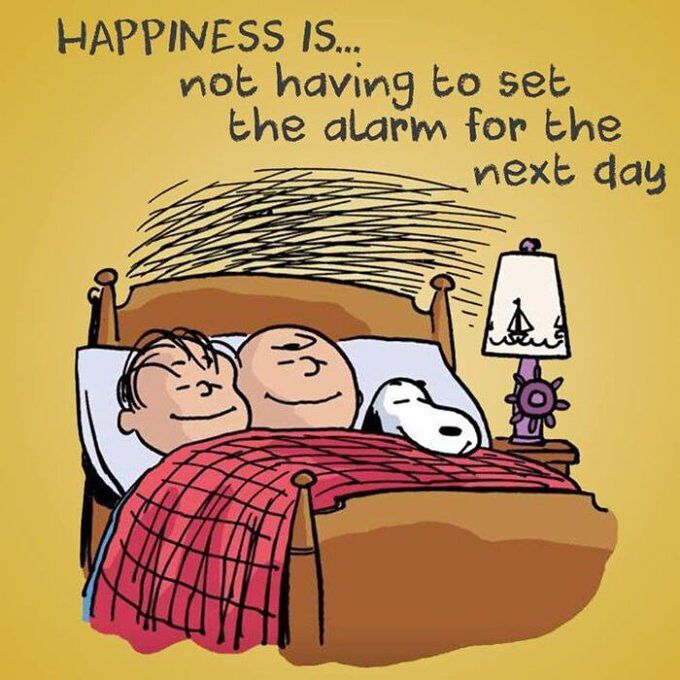 A comic-style illustration in the vein of Charles Schulz's Peanuts, depicting Charlie Brown, Linus, and Snoopy sleeping peacefully in a wooden bed covered with a red checkered blanket. Above them, the text reads 'HAPPINESS IS... not having to set the alarm for the next day'. The background is solid yellow, and a nightstand with a purple lamp featuring a sailboat design sits beside the bed. All three characters have content, relaxed expressions, emphasizing the universal joy of waking up without needing an alarm.