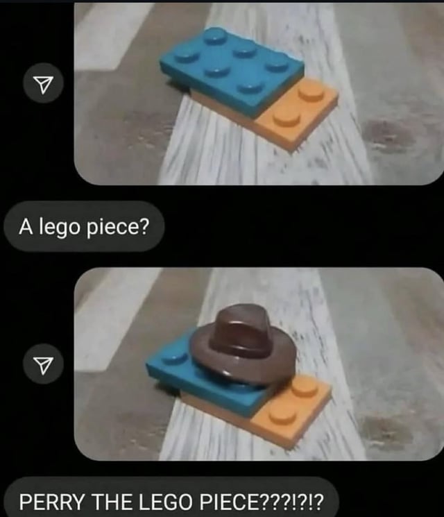 This is a two-panel joke meme that makes a pun reference to Perry the Platypus from the animated series *Phineas and Ferb*. The first panel displays a stack of blue and orange standard Lego bricks resting on a wooden surface, paired with a text bubble asking "A lego piece?". The second panel shows the same stack of Lego bricks with a small brown Lego fedora added on top, paired with a shocked all-caps exclamation: "PERRY THE LEGO PIECE???!?!?". The joke relies on replacing "Platypus" (Perry's species) with "Lego Piece" and referencing Perry the Platypus' secret identity as Agent P, who wears an identical brown fedora.
