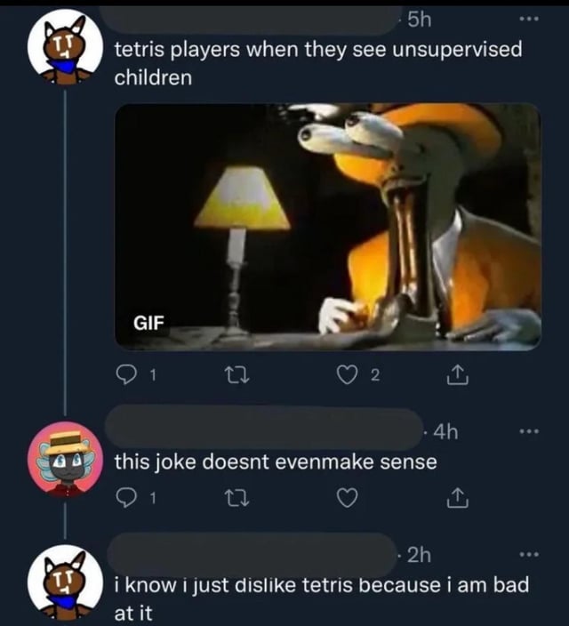 A Reddit meme post featuring a title 'tetris players when they see unsupervised children' above a GIF of an animated character with a long neck, wearing an orange outfit, and positioned near a lit lamp. Below the GIF, there are interaction buttons (comments, share, like) and two comments: one user criticizing the joke's logic, and the original poster (OP) responding with self-deprecating humor about being bad at Tetris.