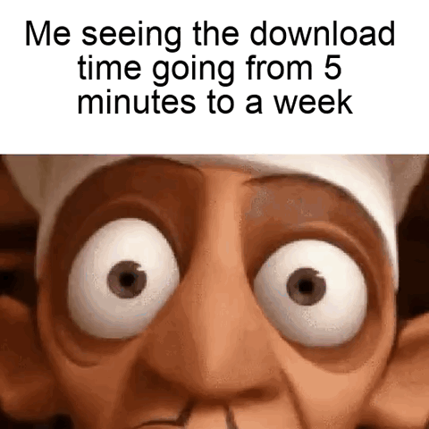 The meme is split into two sections: top text that reads "Me seeing the download time going from 5 minutes to a week", placed above a close-up cropped shot of animated character Skinner from the Pixar film *Ratatouille* with extremely wide, bulging eyes and a stunned facial expression. It conveys relatable disbelief and frustration at unexpected, massive increases in estimated file download times, a common experience for people dealing with slow internet connections or unstable download servers.
