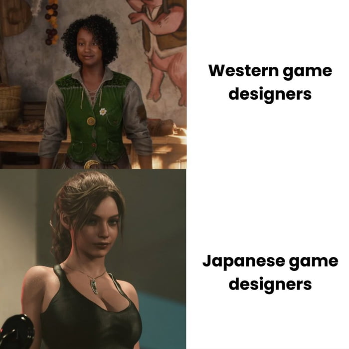 A two-panel meme contrasting 'Western game designers' and 'Japanese game designers' through character design. The top panel features a character in a green vest, gray shirt, and medieval-style attire standing in a rustic environment with a wooden table, hanging fruits, and a wall painting of a pig. The bottom panel shows a character in a form-fitting black tank top with a necklace, set against a plain background. The meme humorously implies stylistic differences: Western designers favoring realistic, practical clothing in rustic settings versus Japanese designers using more revealing, stylized outfits.