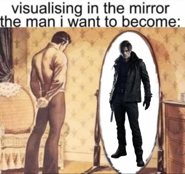 This meme uses a visual gag to joke about idealizing fictional action heroes. On the left, a manga-style drawn character stands with their back to the viewer, hands clasped behind them, looking into a full-length mirror. Instead of reflecting their own image, the mirror displays **Leon S. Kennedy** from the *Resident Evil* video game series: a rugged, tactical action hero in black gear holding a handgun. The top text reads: *"visualising in the mirror the man i want to become:"*, which plays on the relatable experience of daydreaming about being a more badass, idealized version of oneself, contrasting the mundane-looking character with the iconic, cool fictional figure.