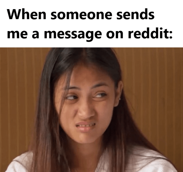 This is a single-panel reaction meme. The top of the image displays black text on a white background that reads 'When someone sends me a message on reddit:'. Below the text is a photograph of a young woman with long dark hair, making a disgusted, cringing, wary facial expression as she looks off to the side. The meme conveys the common negative gut reaction many Reddit users experience when receiving unsolicited direct messages on the platform, matching the original stated sentiment 'My gut reaction is not good'.