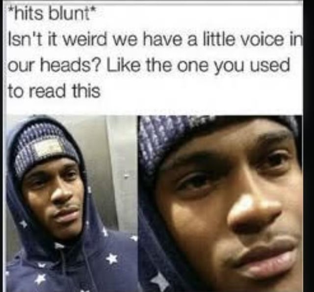 This is a classic "hits blunt" format meme. The top section contains text opening with the action marker *hits blunt*, followed by the question: "Isn't it weird we have a little voice in our heads? Like the one you used to read this". Below the text are two selfies of the same young Black man wearing a navy blue hoodie printed with white stars and a matching knit beanie. The left shot is a medium frame of him looking neutral and thoughtful, while the right is a close-up of his face looking bewildered and mind-blown, as if he just had the shocking realization described in the text. The joke makes the reader suddenly aware of their own inner monologue that they use to read text, turning a mundane everyday experience into a surprising, surreal thought that fits the stoner thought trope of the format.