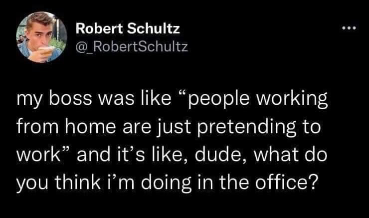 This image is a screenshot of a public X (formerly Twitter) post by user Robert Schultz. It contains a sarcastic joke responding to the common employer criticism that remote workers only pretend to work while at home. The punchline retorts that employees are equally likely to pretend to work when they are physically present in the office, mocking the widespread flawed assumption that in-office attendance directly correlates to higher productivity levels.