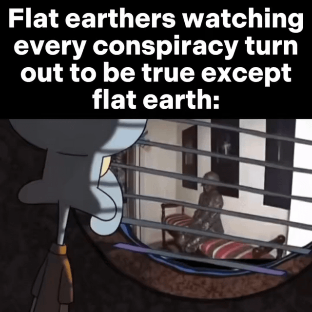 A meme consisting of a top text overlay and a composite image. The text reads: 'Flat earthers watching every conspiracy turn out to be true except flat earth:' Below the text, there is an animated gray character (likely Squidward Tentacles from SpongeBob SquarePants) with a long nose, looking through horizontal bars. Behind the bars, a second figure wearing a helmet sits dejectedly on a striped bed in a room with framed pictures on the walls. The meme humorously portrays flat earth believers as waiting in vain while other conspiracy theories are (hypothetically) proven true.