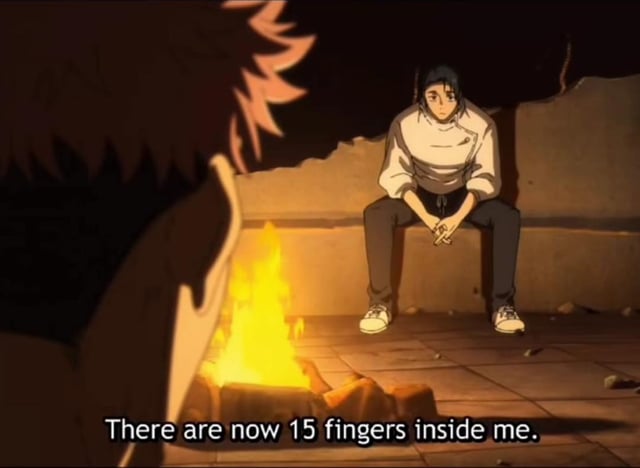 An anime screenshot depicting a young animated character sitting on a stone bench next to a small campfire. Another character is partially visible in the foreground, facing the seated character. The image features an overlaid text caption: 'There are now 15 fingers inside me,' creating a humorous and shocking effect, likely referencing the awkwardness of being caught off guard by parents entering a room.