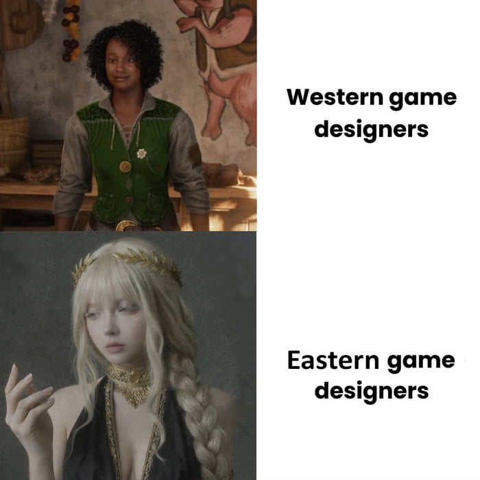 A two-panel comparison meme contrasting Western and Eastern game designers. The top panel, labeled 'Western game designers,' features a person standing in a rustic, medieval-style setting with a stone wall, wooden table, and a painting of a pig in the background. The individual is wearing a green vest with a flower, a gray shirt, and has curly hair, giving a grounded, historical aesthetic. The bottom panel, labeled 'Eastern game designers,' shows a more ethereal character with long, braided blonde hair, a gold laurel wreath, and elaborate gold jewelry, set against a muted background, embodying a fantasy, otherworldly vibe. The meme humorously highlights perceived stylistic differences between Western and Eastern game design aesthetics.