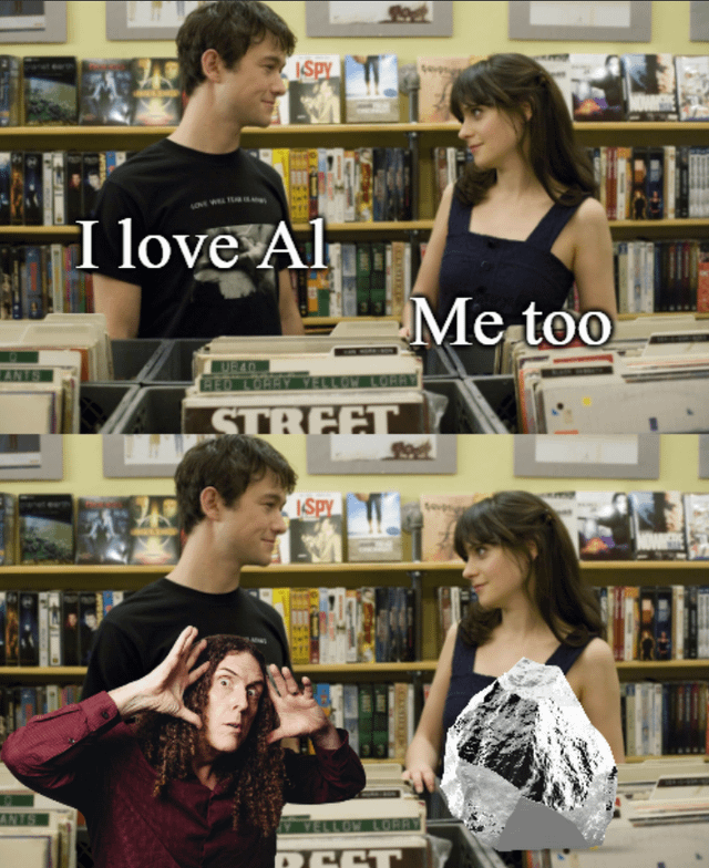 This is a two-panel edited meme based on a iconic bookstore scene from the 2009 film *500 Days of Summer*. In the top panel, the male character Tom (Joseph Gordon-Levitt) says "I love AI", and the female character Summer (Zooey Deschanel) replies "Me too". The bottom panel reveals a humorous homophone pun: Tom's "AI" refers to musician Weird Al Yankovic, who is edited into the frame with his hands cupped around his ears as if listening. Summer's "Me too" refers to an iceberg, a visual pun that plays on the double meaning of "AI"—creating a comedic misunderstanding where the two characters are referencing completely different things that sound/relate to the same phrase. The joke relies on the homophonic similarity between "AI" (Artificial Intelligence acronym) and "Al" (short for Alfred, as in Weird Al Yankovic), while the iceberg adds a second layer of wordplay by visually representing a misinterpretation of the phrase.