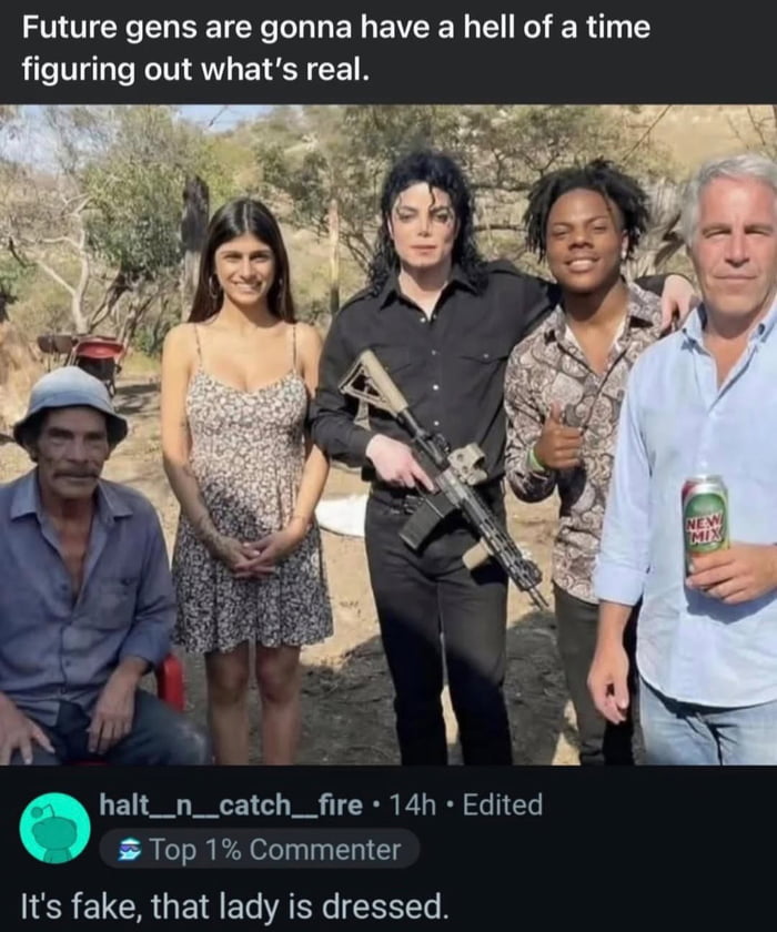This meme features a heavily photoshopped composite group photograph that brings together an absurd, impossible lineup of famous people in one casual outdoor shot. From left to right: an unidentified older seated man, internet personality Mia Khalifa, a deepfake of deceased pop icon Michael Jackson holding an assault rifle, popular streamer IShowSpeed, and deceased disgraced financier Jeffrey Epstein holding a New Mix beer can. Top text reads "Future gens are gonna have a hell of a time figuring out what's real", joking that modern photo manipulation will make it impossible for future generations to distinguish authentic historical photos from fakes. A Reddit comment below adds an intentional pun referencing Mia Khalifa's background as a former adult film star: "It's fake, that lady is dressed." The joke plays on the expectation that most viral online photos of Khalifa are undressed, so her being fully dressed here is proof the image is fake.