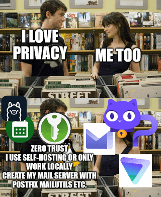 A meme depicting two individuals in a library-like setting with bookshelves in the background. The left individual states 'I LOVE PRIVACY' while the right responds 'ME TOO'. Below them, text details extreme privacy practices: 'I USE ZERO TRUST SELF-HOSTING OR ONLY WORK LOCALLY CREATE MY MAIL SERVER WITH POSTFIX MULTISITE ETC.' Accompanying icons include a lock, envelope, purple cat, and triangular logo, emphasizing technical self-hosted privacy solutions. The humor arises from the contrast between the casual 'ME TOO' agreement and the overly complex, extreme measures described.