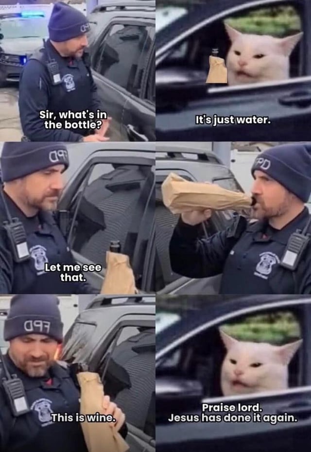 A four-panel comic meme. Panel 1: A police officer (wearing a dark uniform and cap with 'PD' logo) stands next to a car, asking, 'Sir, what's in the bottle?' Panel 2: Inside the car, a white cat holds a bottle wrapped in a brown paper bag, responding, 'It's just water.' Panel 3: The officer says, 'Let me see that,' takes the bag, and brings it to his mouth. Panel 4: The cat exclaims, 'Praise lord. Jesus has done it again.' The joke hinges on the cat lying about the contents (it's wine, not water), referencing Jesus turning water into wine, implying the cat tricked the officer.