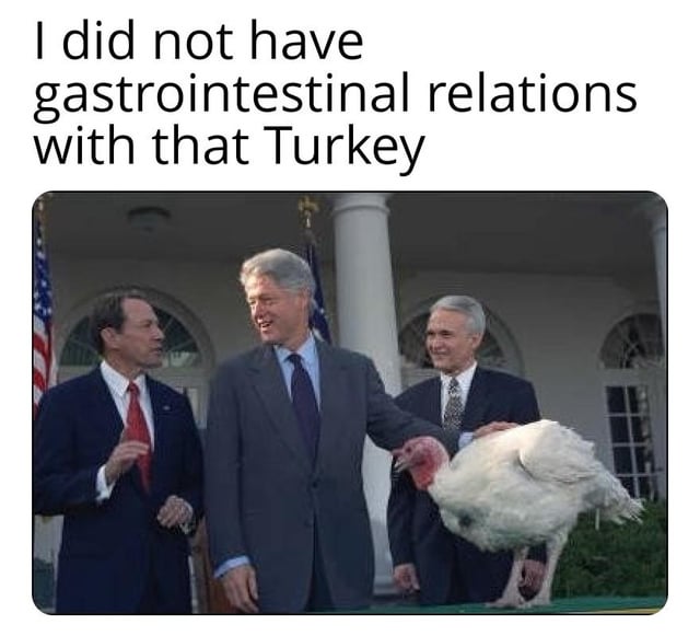 A meme featuring a photograph of former US President Bill Clinton standing outside the White House with two other men, holding a turkey. The image has an added text overlay that parodies Clinton's famous quote from the Monica Lewinsky scandal, changing it to: 'I did not have gastrointestinal relations with that Turkey'. The humor comes from the wordplay replacing 'sexual relations' with 'gastrointestinal relations' in reference to the turkey.
