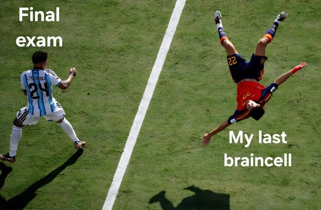 This is a relatable edited meme using a photograph from a professional football (soccer) match. The left side shows an Argentine player in a light blue and white striped #24 jersey moving forward aggressively, labeled 'Final exam'. The right side shows a Spanish player in a red and dark blue kit falling upside down mid-air after being knocked away, labeled 'My last braincell'. The joke draws a humorous comparison between the extreme stress and difficulty of taking final exams and the experience of your last remaining functioning brain cell being completely defeated and thrown aside by the exam pressure.