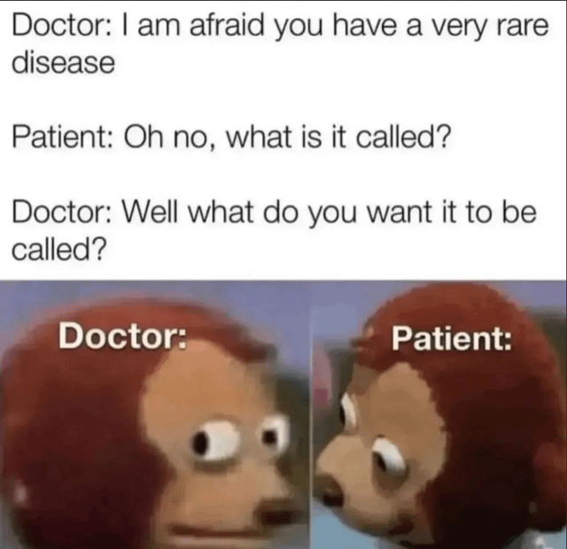 The meme consists of three lines of dialogue at the top, followed by a two-panel image of the popular Awkward Look Monkey Puppet. The dialogue reads: 1. Doctor: I am afraid you have a very rare disease. 2. Patient: Oh no, what is it called? 3. Doctor: Well what do you want it to be called? The left panel shows the monkey with an awkward, wide grin labeled as the Doctor, while the right panel shows the same monkey looking away with a shocked, confused, uncomfortable expression labeled as the Patient. The joke relies on the absurd punchline that the disease is so rare it has no official name, putting the patient in an awkward, unexpected situation. The original post title for this meme was 'Chat am I cooked?!', implying the poster relates to the patient's panicked, confused state.