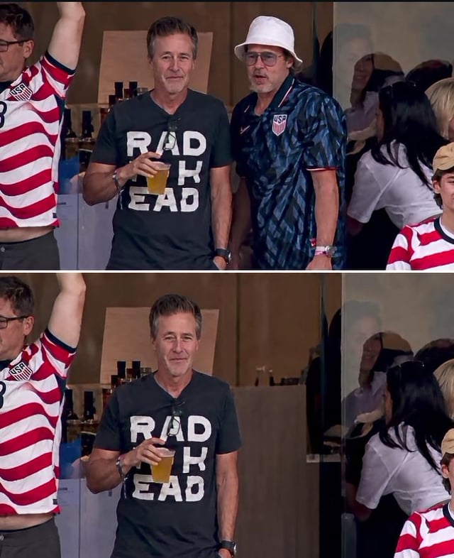 This is a two-panel humorous edited meme. The top panel shows a candid shot of actor Brad Pitt (lead of the movie Fight Club) attending a FIFA World Cup match, wearing a US men's national soccer team jersey and white bucket hat, standing next to a smiling man holding a beer, with other US team fans visible around them in what appears to be a private viewing box. The bottom panel is an edited version of the same shot, where Brad Pitt has been completely removed, with the background behind him altered to look like plain empty wall space. The humor ties to the title referencing Fight Club's famous first rule ('You do not talk about Fight Club'), adapted here to World Cup discourse implying that discussing the US team's poor performance/elimination is forbidden, so the Fight Club lead vanishes as the rule is applied.