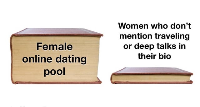 This is a single-panel comparison meme set against a plain white background, using two hardcover books of drastically different sizes to make a joke about online dating profile content. The first, extremely thick book is labeled 'Female online dating pool', representing the full population of women active on online dating platforms. The second, extremely thin book sits beside it, corresponding to the text 'Women who don't mention traveling or deep talks in their bio'. The visual gag highlights the perceived overuse of 'traveling' and 'deep talks' as generic talking points in women's dating bios, implying the subset of people who do not use these tropes is very small.